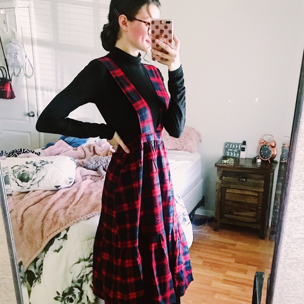 Plaid Overall Dress||